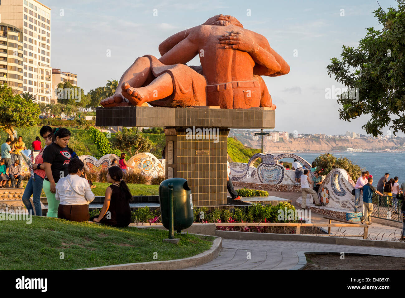 Peru, Lima.  Love Park (Parque del Amor).  Sculpture 'The Kiss' (El Beso) by Victor Delfin.  Miraflores Suburb. Stock Photo