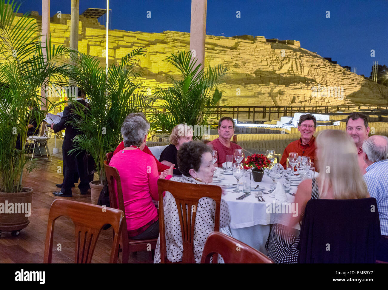 Peru, Lima, Miraflores.  Huaca Pucllana Restaurant.  Pyramid Ruins of Lima Culture, 3rd-8th. Century AD in background. Stock Photo