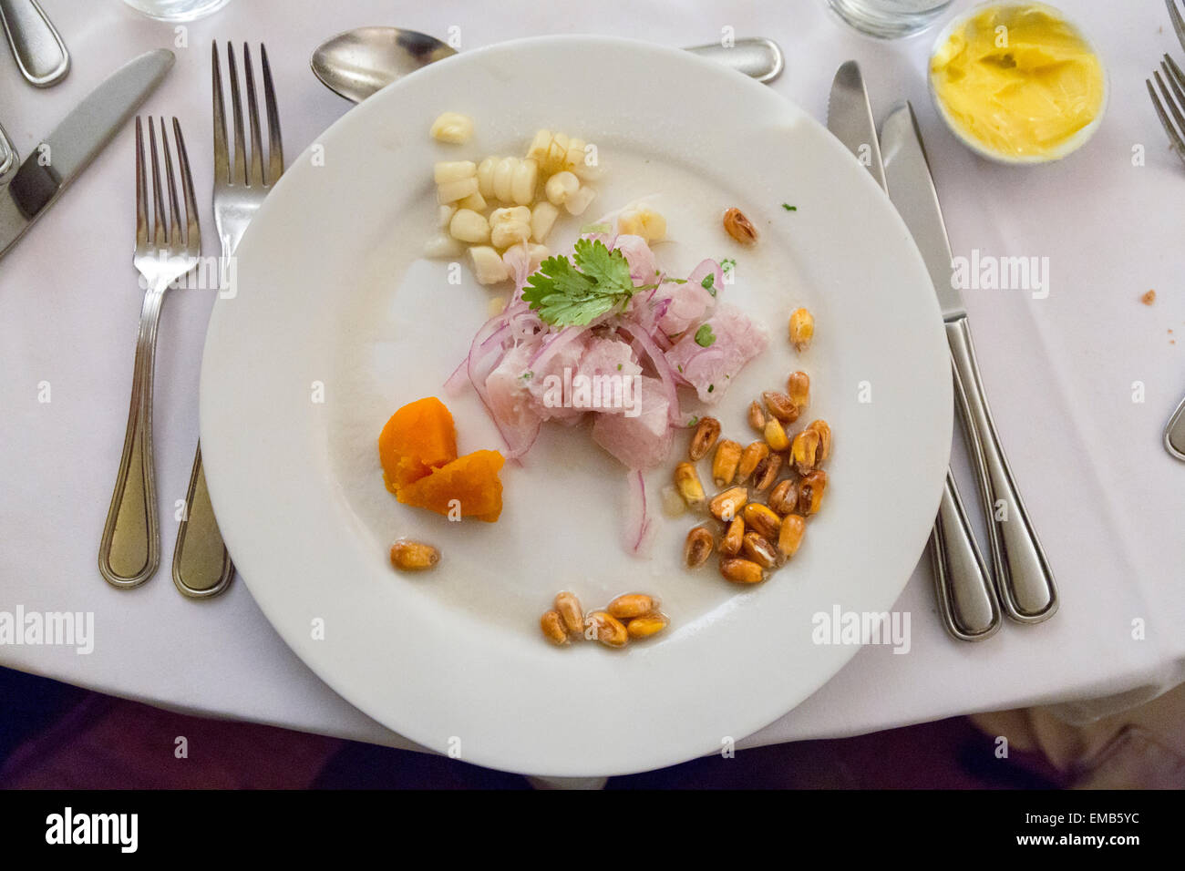 Peru, Lima, Miraflores.  Huaca Pucllana Restaurant.  Cebiche Appetizer. Stock Photo