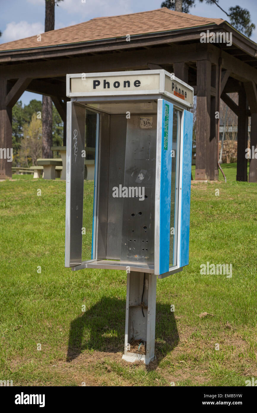 End of an Era.  Pay Phone Booth with Phone Removed.  Roadside Rest Stop, US Interstate 59,  Alabama, USA, 2014. Stock Photo
