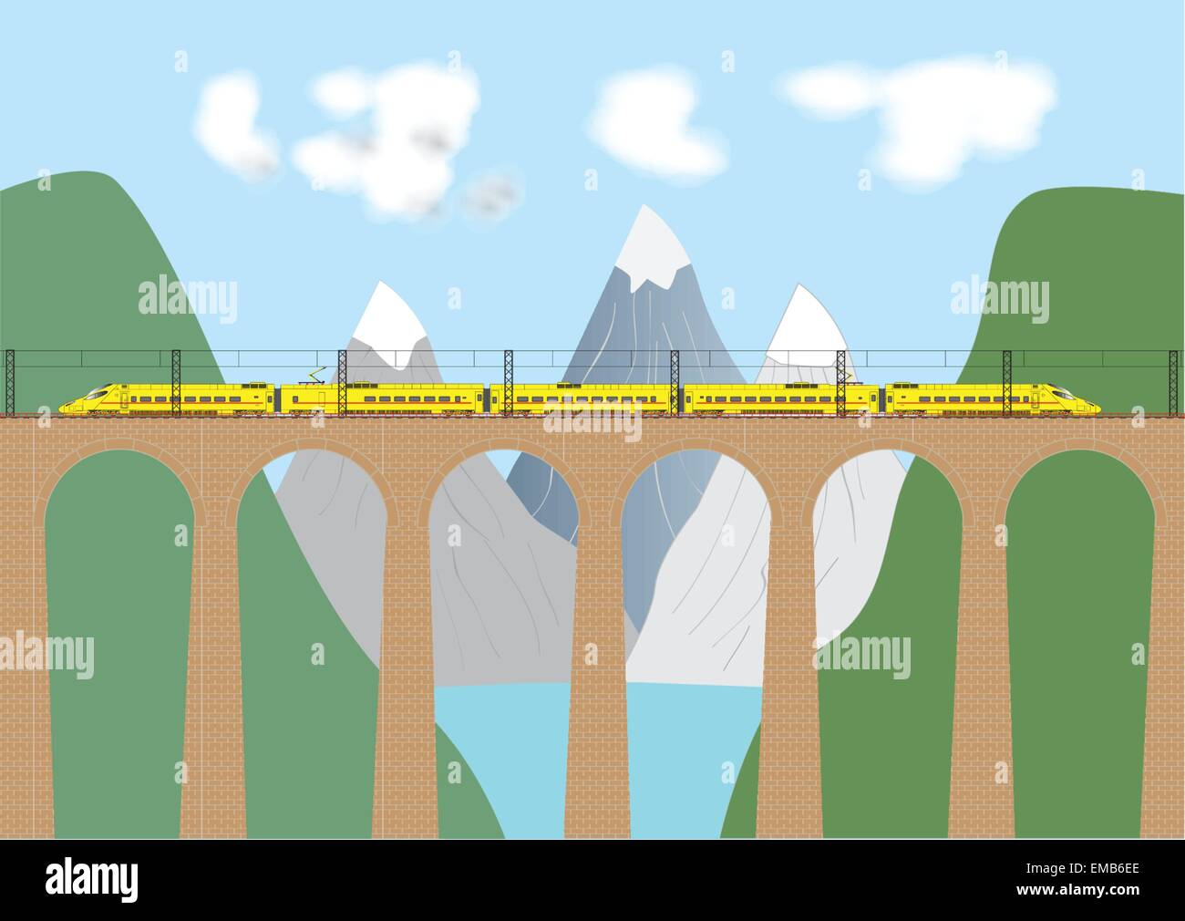 A detailed vector illustration of a yellow High Speed Electric Train crossing a viaduct in a mountainous area with snow capped peaks and a lake Stock Vector