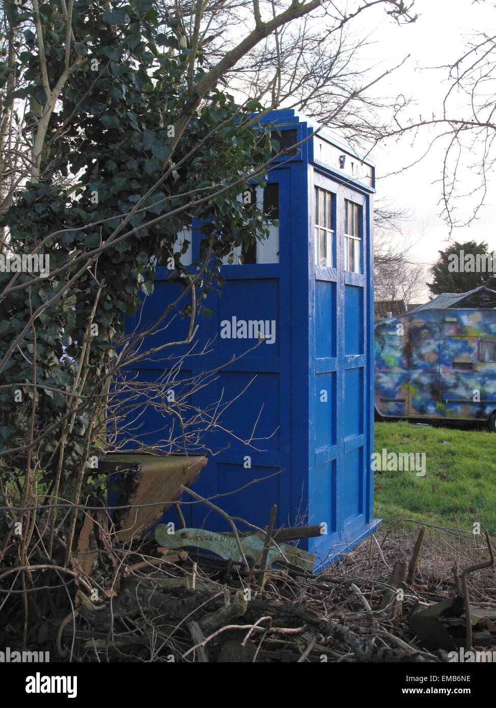 Police public call box, Tardis, in field, in Westleton, Suffolk Stock Photo