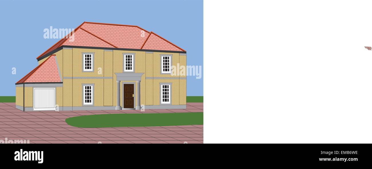 A Vector Illustration of a Large Stone Built Detached House with Flagstone Yard and grass lawn on a blue sky background Stock Vector