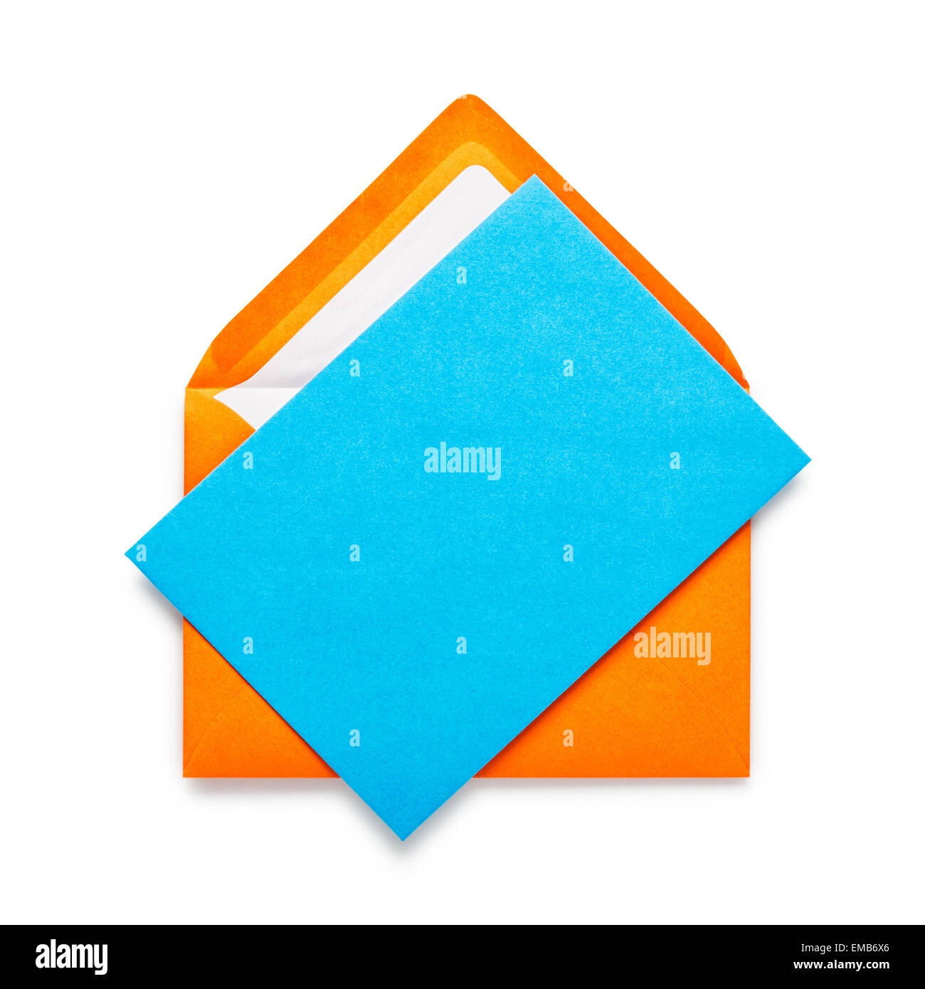 Orange envelope with blue card isolated on white background. Object