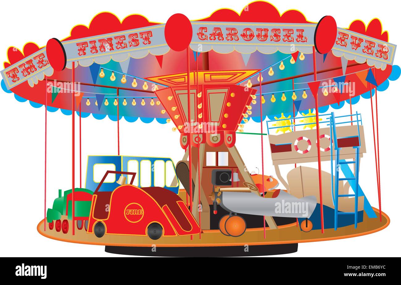 A Vintage Fairground Roundabout or Carousel with a fire engine, airplane, ship, bus, steam engine and a car isolated on white Stock Vector