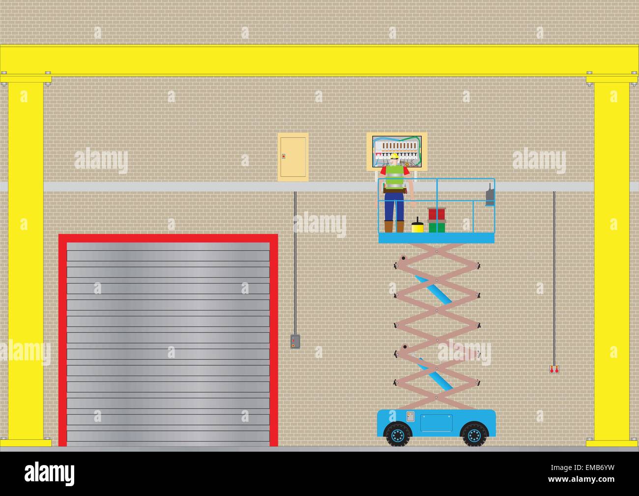 An Electrician on a Scissor Lift Platform inspecting Wiring in a Factory Stock Vector