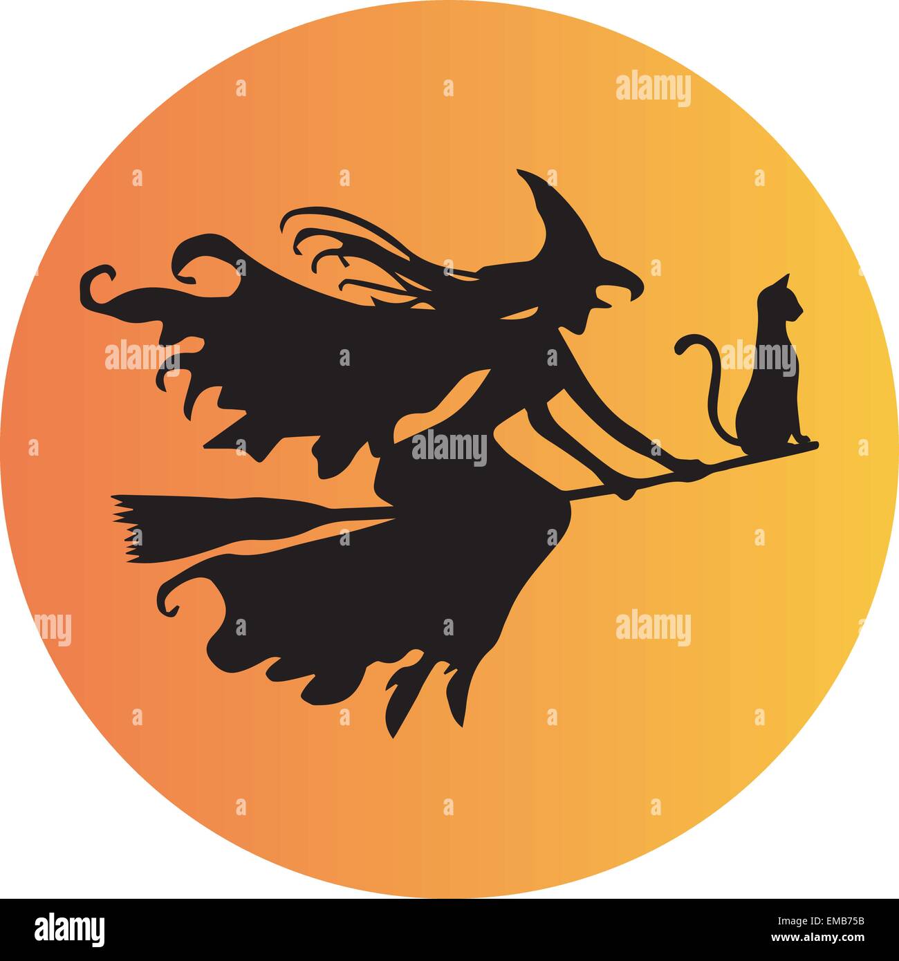 A Witch and her cat riding on a broomstick in front of the moon Stock Vector