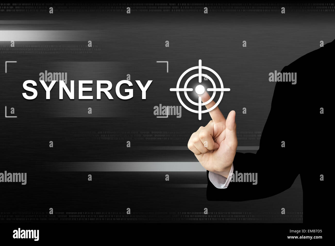 business hand clicking synergy button on a touch screen interface Stock Photo