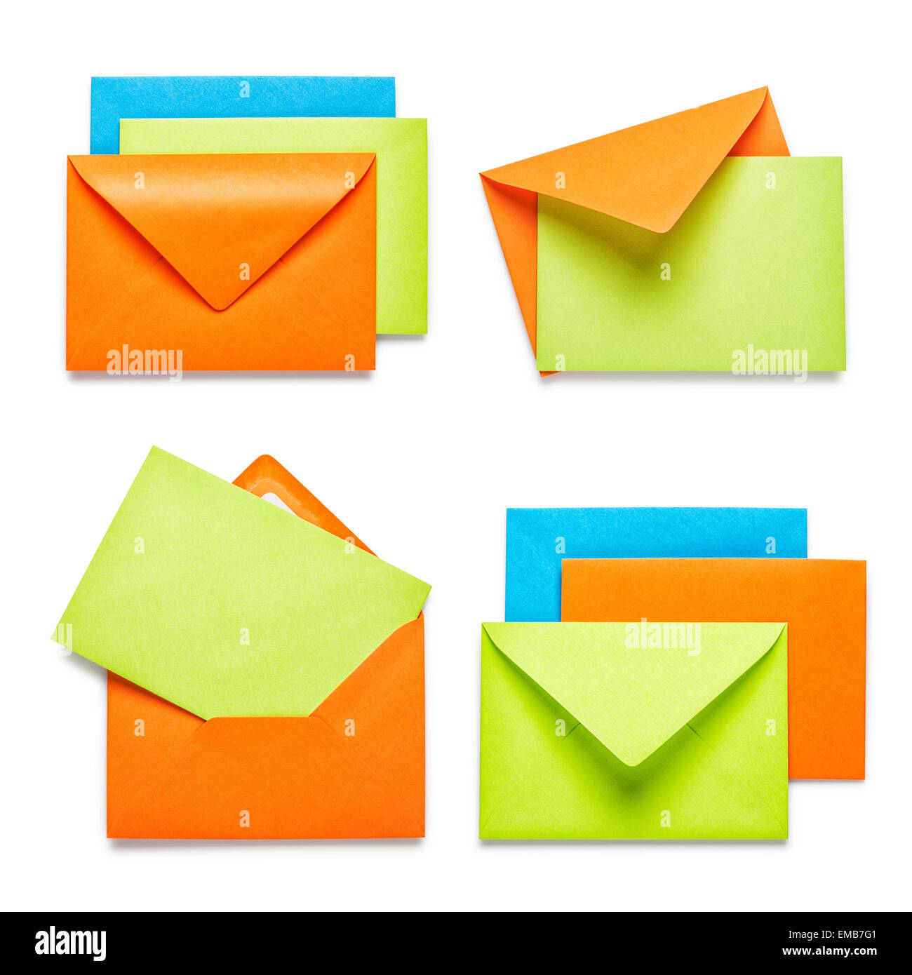 Orange envelopes with green card collection isolated on white background Stock Photo