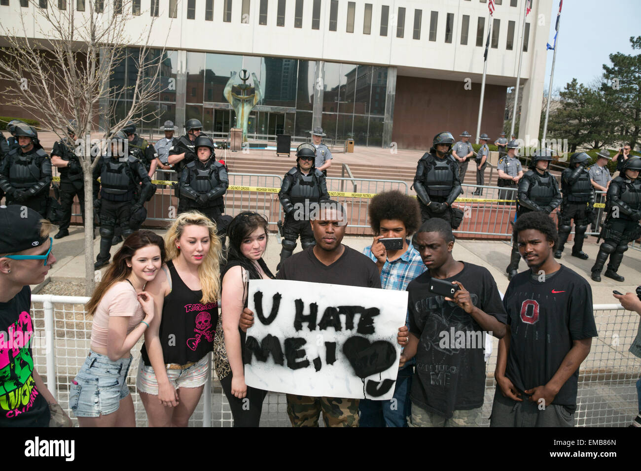 Toledo, Ohio USA - 18 April 2015 - Several hundred people turned out to protest as the neo-Nazi National Socialist Movement prepared to hold a rally on the steps of the government office building. Credit:  Jim West/Alamy Live News Stock Photo