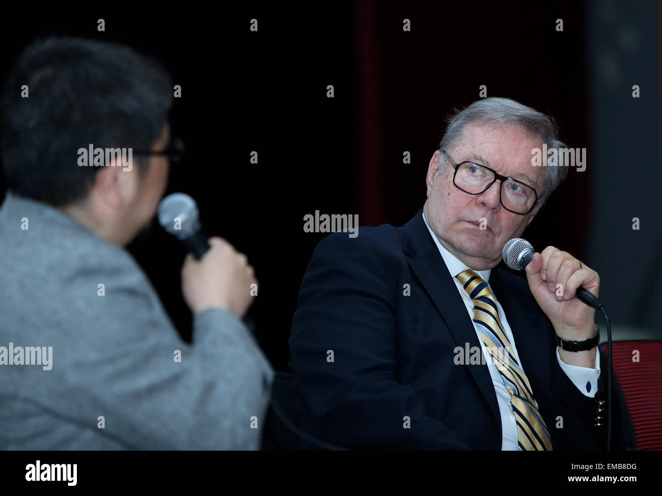 Beijing, China. 19th Apr, 2015. Polish director Krzysztof Zanussi (R) attends the opening ceremony of the Polish movie panorama during the fifth Beijing International Film Festival (BJIFF) in Beijing, capital of China, April 19, 2015. The opening film of Sunday's Polish movie panorama was Zanussi's 1980 film the Constant Factor. © Gao Jing/Xinhua/Alamy Live News Stock Photo