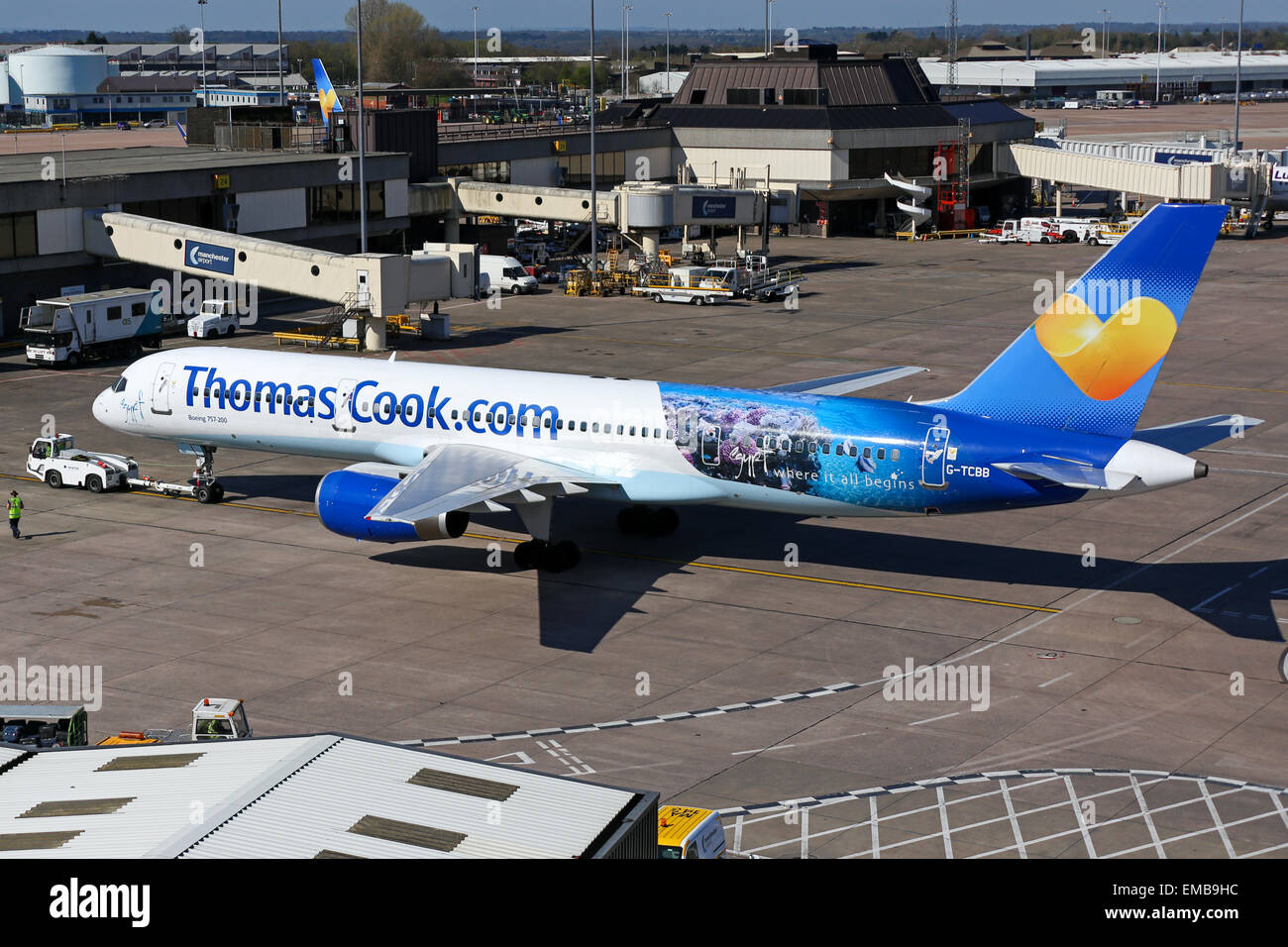 Thomas Cook Boeing 757-200 prepares for boarding at Manchester airport. Stock Photo