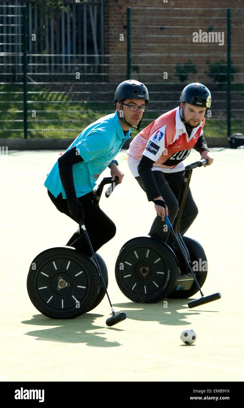 Rugby, Warwickshire, UK. 19th April, 2015. Players compete in the first ever international Segway Polo tournament to be held in the UK. Teams from Europe as well as Barbados took part. Amongst the UK teams was one from the BBC TV Click programme. A guest player in the Barbados team was Amy Williams, the Winter Olympics Great Britain gold medallist. Credit:  Colin Underhill/Alamy Live News Stock Photo