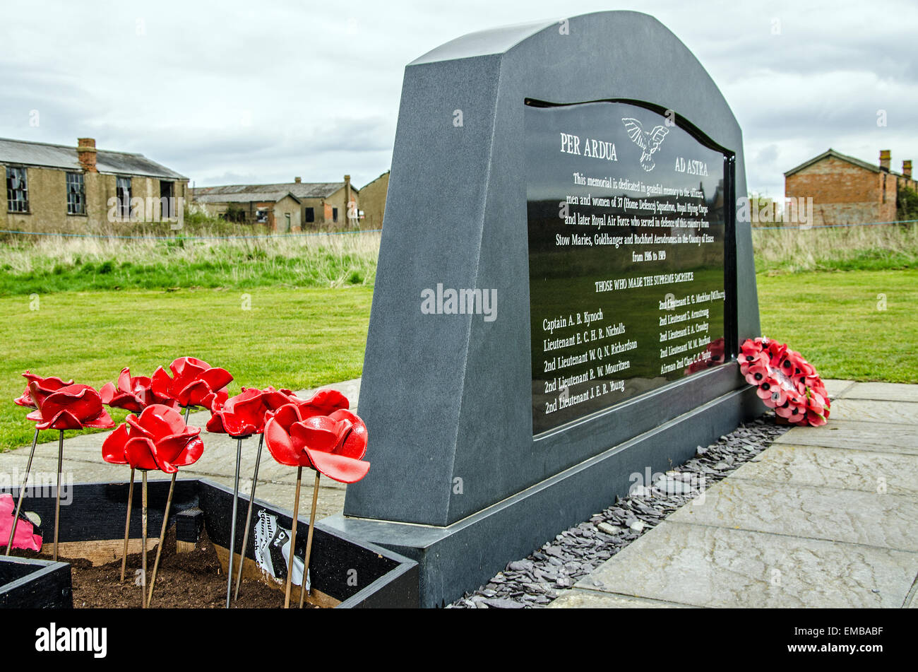 Ten ceramic poppies from the 'Blood Swept Lands and Seas of Red' art installation were 'planted' during a service of remembrance at Stow Maries Aerodrome, in memory of the airmen of 37 (Home Defence) Squadron who died whilst serving the squadron during World War One. Stock Photo