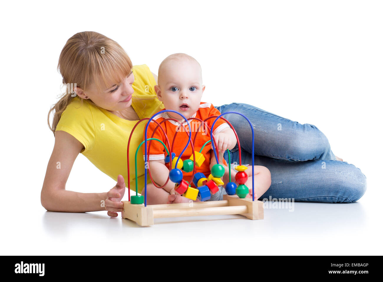 child and mother playing with educational toy Stock Photo