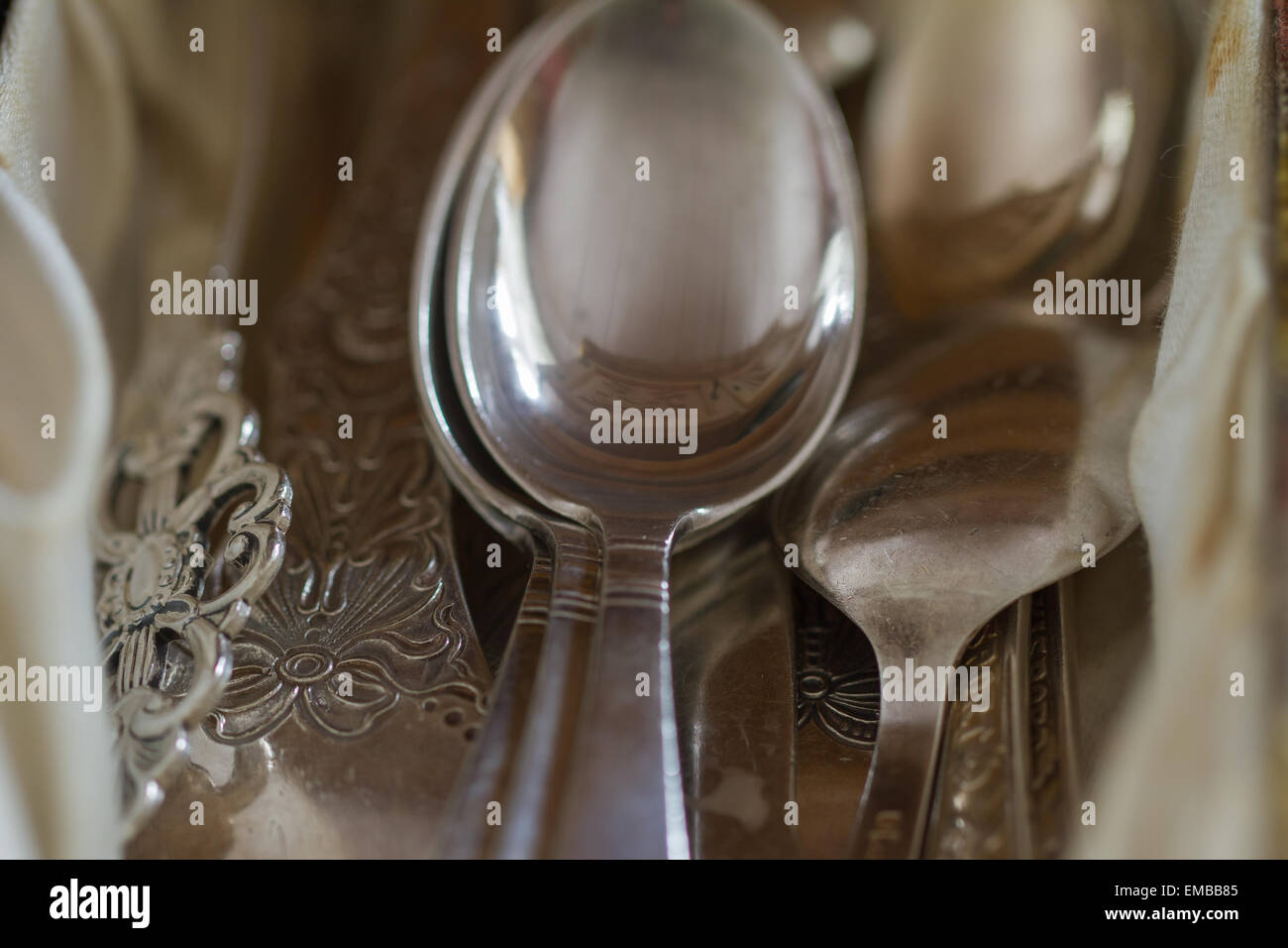 Old silver spoons Stock Photo