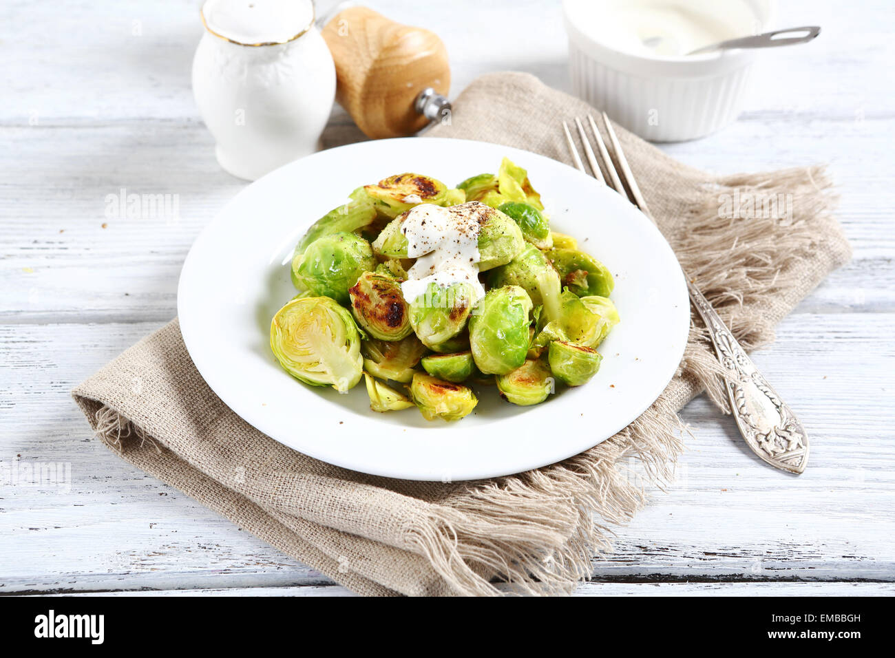Brussels sprouts with sauce, food Stock Photo