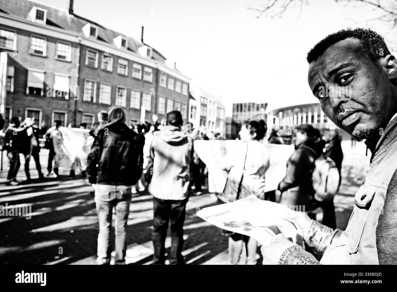 Asylum seekers who have been refused permits to stay in The Netherlands protested for the second day in a row in the Dutch capital. Around 50 African refugees who previously lived in an abandoned garage in Amsterdam have relocated themselves to an unused office building. The owner of the building has pressed charges. On Thursday the same group was denied the opportunity to protest in front of parliament. Stock Photo