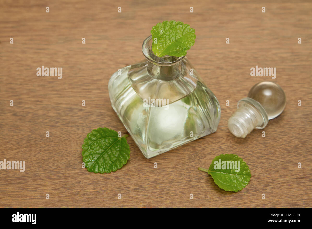 Essential aroma peppermint oil and fresh mint on wooden background ...