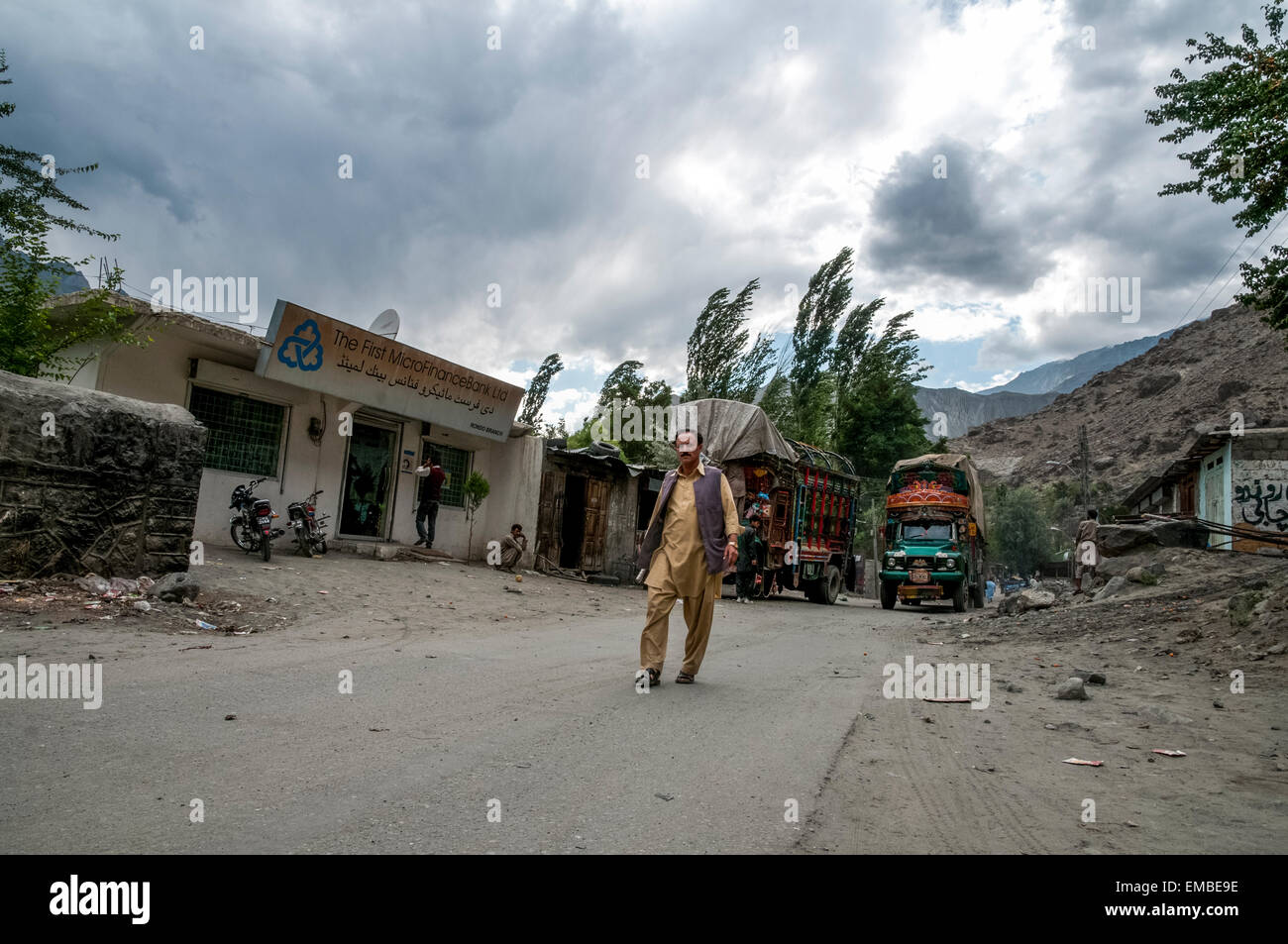 Multi Coloured Trucks and Life on the Karakoram Highway Stock Photo