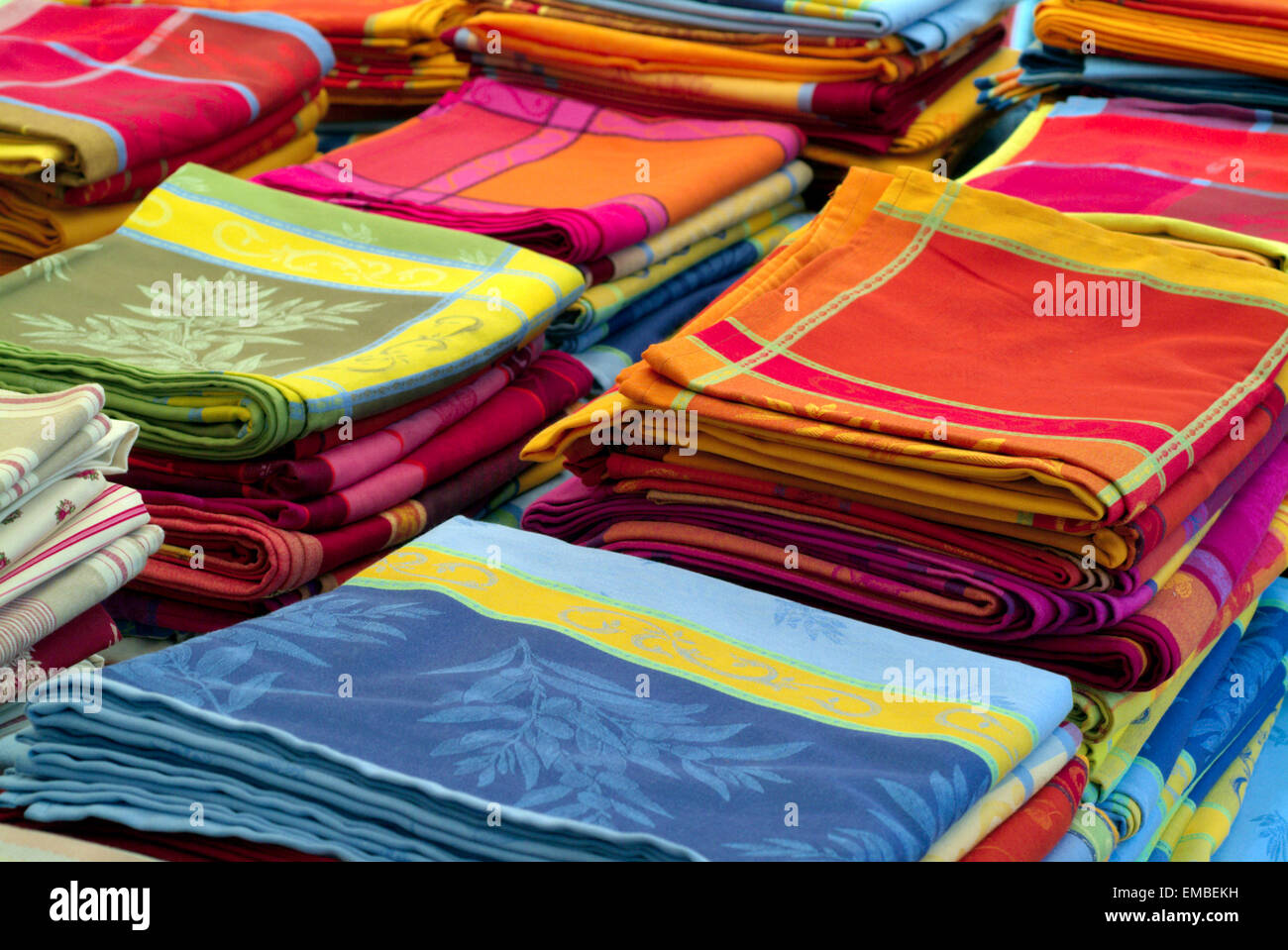 French tablecloths on a market, stacked provence france europe Stock Photo