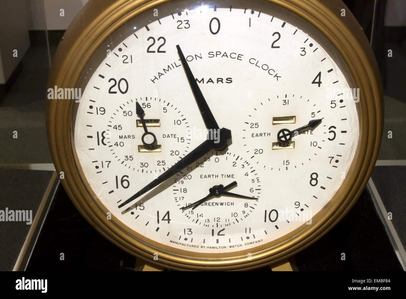 Columbia, PA, USA - April 18, 2015 : Hamilton Space Clock showing date and time on Earth and on Mars. Stock Photo