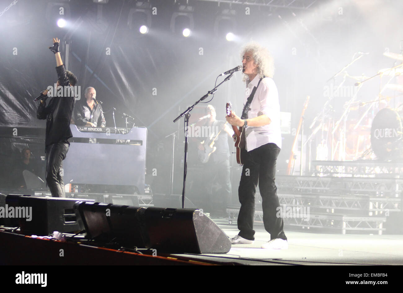 KYIV, UKRAINE - JUNE 30, 2012: Queen with Adam Lambert perform onstage during charity Anti-AIDS concert at the Independence Square on June 30, 2012 in Kyiv, Ukraine Stock Photo