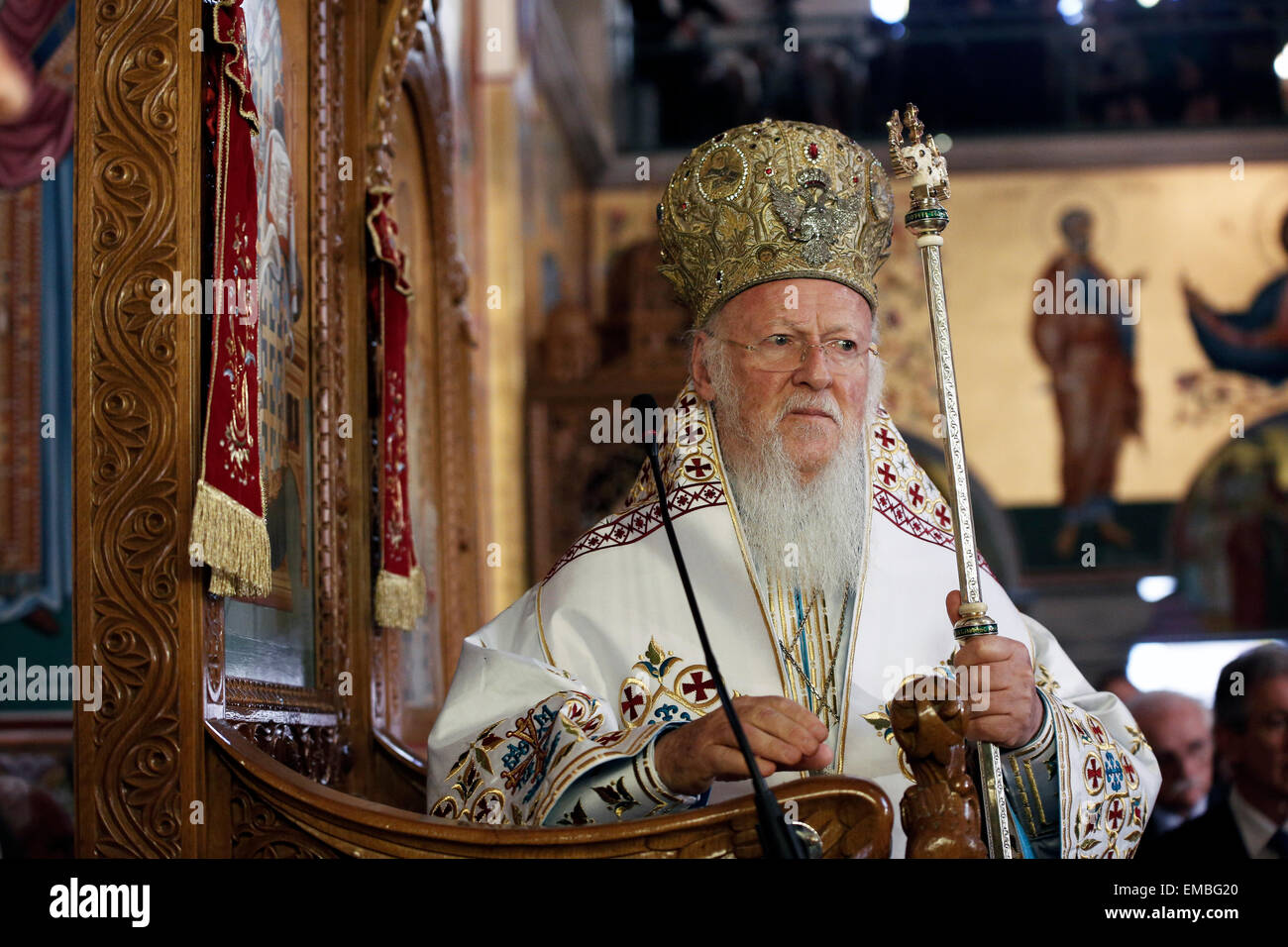 Serres, Greece. 19th Apr, 2015. Ecumenical Patriarch Bartholomew at Saint Nikitas church, in Serres, Greece on April 19, 2015. Credit:  Konstantinos Tsakalidis/Alamy Live News Stock Photo