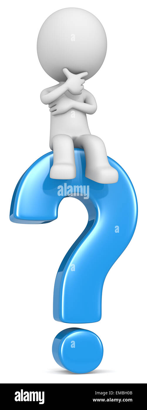 The dude 3D character sitting on blue question mark. Stock Photo