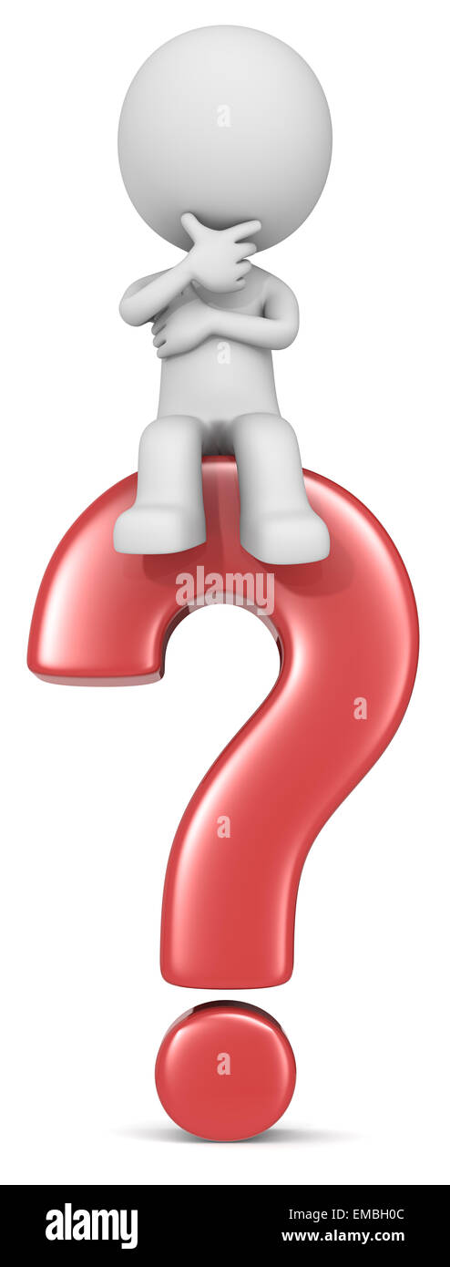 The dude 3D character sitting on red question mark. Stock Photo