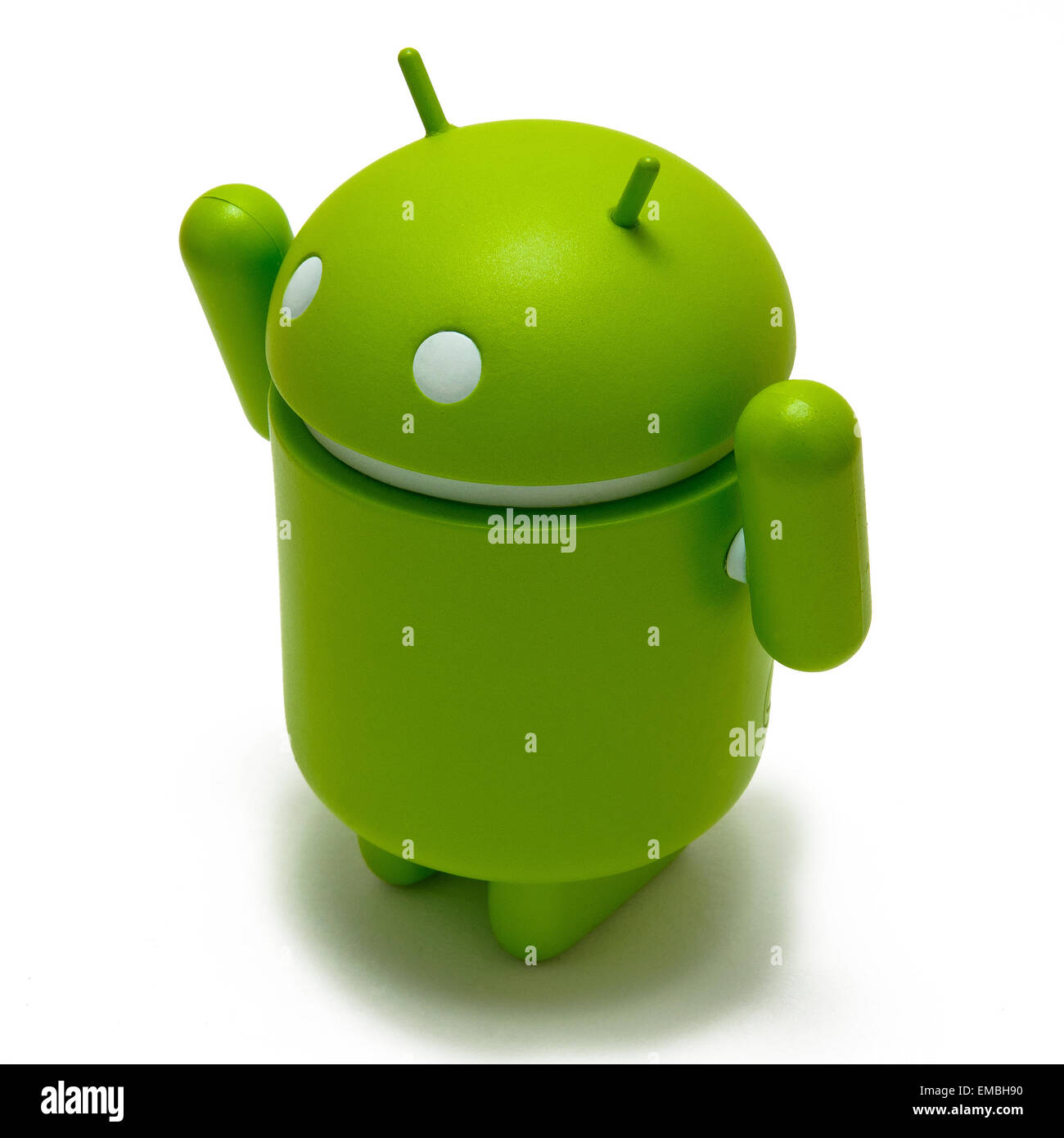 Android robot with his arms up, celebrating victory, isolated over white background Stock Photo