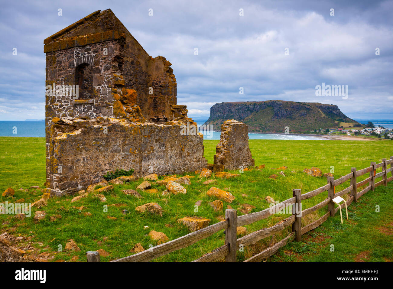 Convict ruins and the Nut - Stanley - Tasmania - Australia Stock Photo