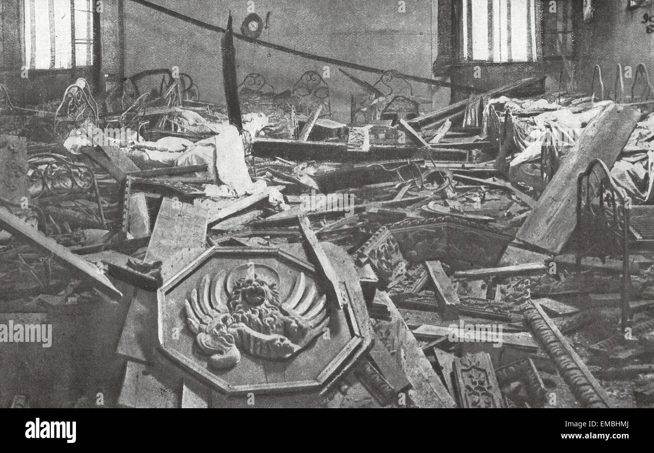 This was a hospital 'This is a typical example of Hun inhumanity.  This picture shows the interior of St. John Hospital in Venice, after bombardment by the Germans'. World War I Stock Photo