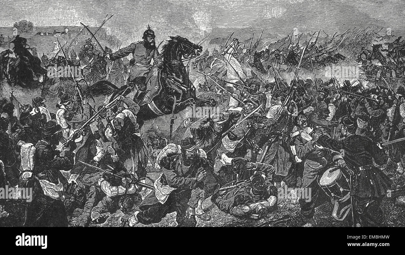 The Battle of Mars-La-Tour was fought on 16 August 1870, during the Franco-Prussian War, near the town of Mars-La-Tour in northeast France. Two Prussian corps encountered the entire French Army of the Rhine in a meeting engagement and, surprisingly, successfully forced the Army of the Rhine to retreat into the fortress of Metz. Stock Photo