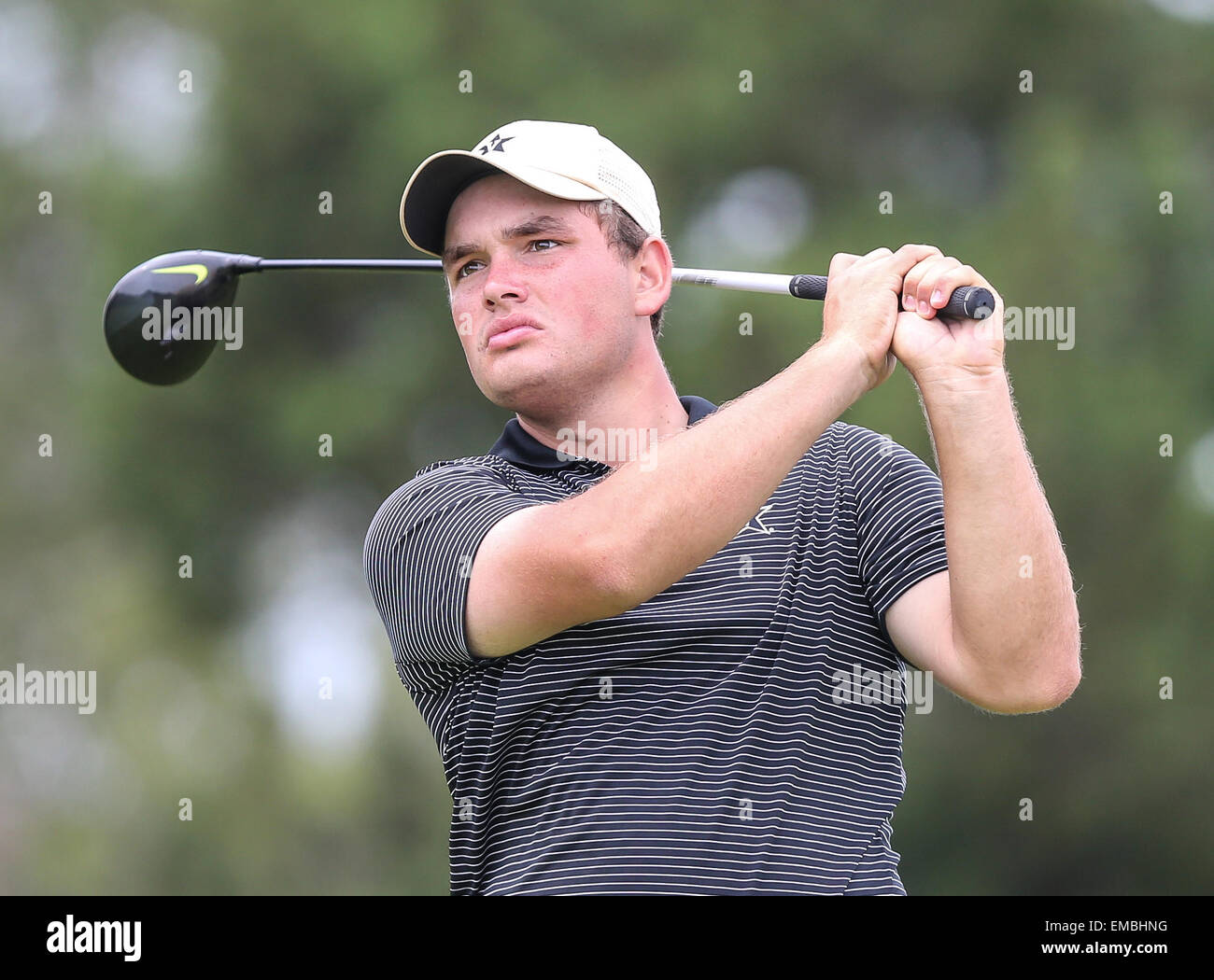 Sea Island, GA, USA. 19th Apr, 2015. : SEC Men's Golf Championship -- Vanderbilt's Hunter Stewart ddrives the ball from the 18th tee during the final round of men's golf SEC Championship at Sea Island Golf Club in Sea Island, Ga., Sunday, April 19, 2015. LSU won the championship. Gary McCullough/CSM/Alamy Live News Stock Photo