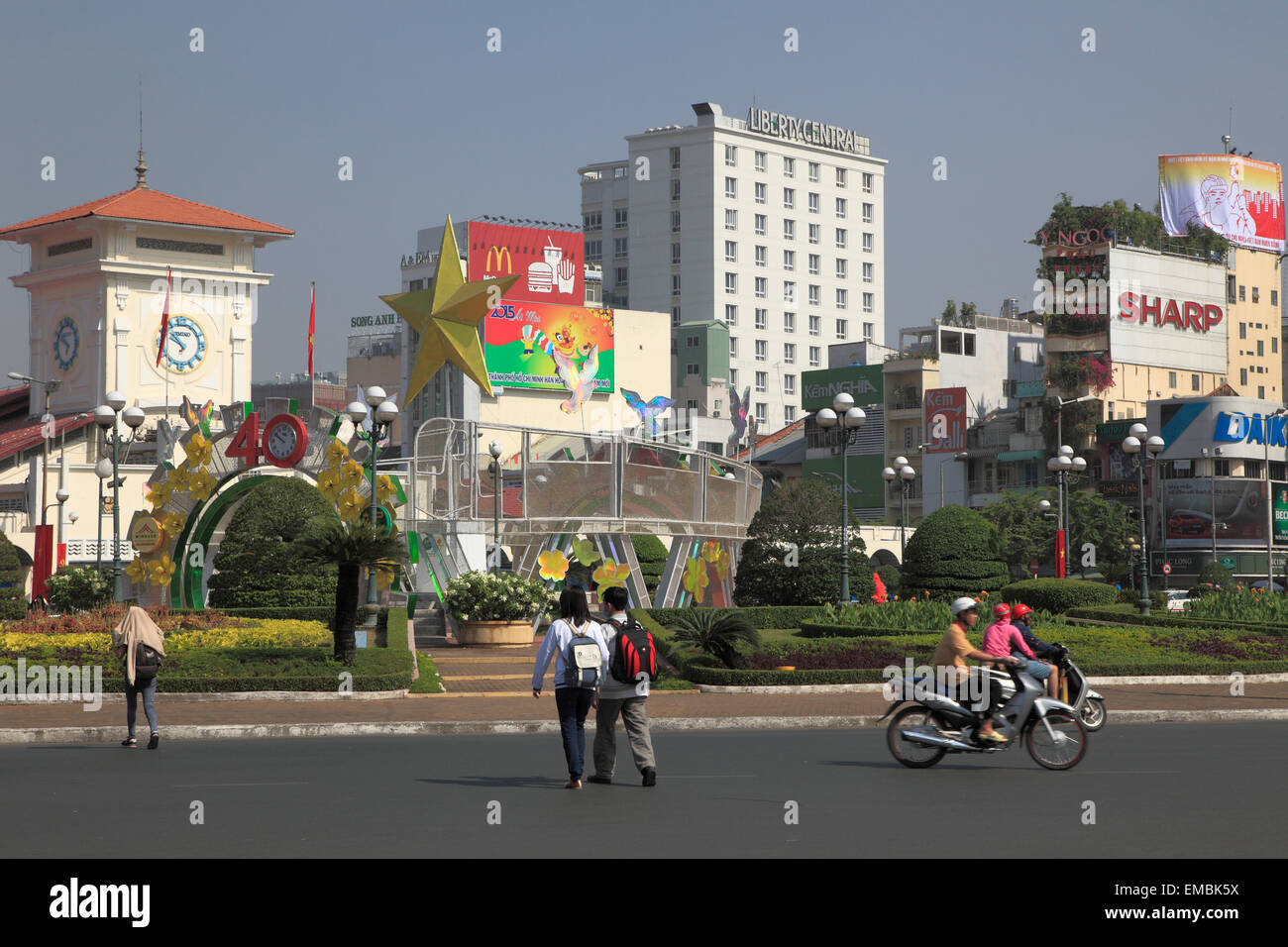Vietnam, Ho Chi Minh City, Saigon, District 1, street scene, Ben Thanh Market, skyline, Stock Photo