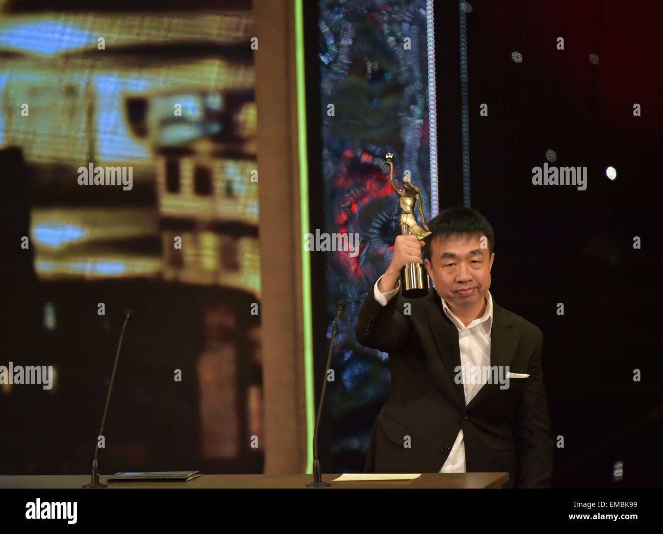 Hong Kong, China. 19th Apr, 2015. Zhao Hai holds the best art direction