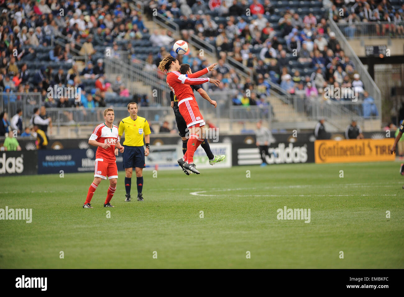 Chester, Pennsylvania, USA. 19th Apr, 2015. New England Revolution's midfielder, JERMAINE JONES (13) goes for the ball against the UnionThe Revolution beat the Union 2-1 at PPL Park in Chester Pa Credit:  Ricky Fitchett/ZUMA Wire/Alamy Live News Stock Photo