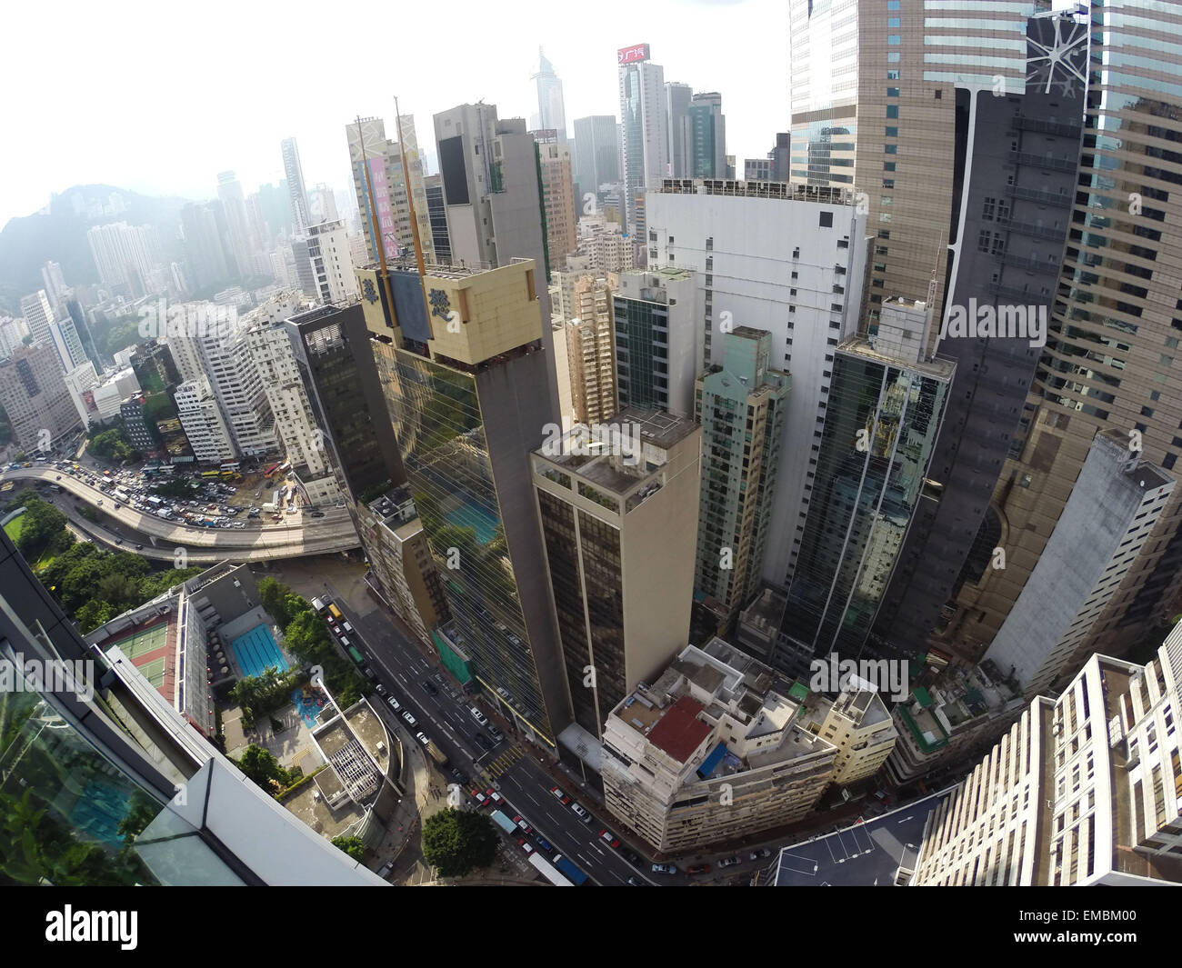 It's a photo of the Hong Kong Skyscrapers view from high and taken with a wide angle camera Stock Photo