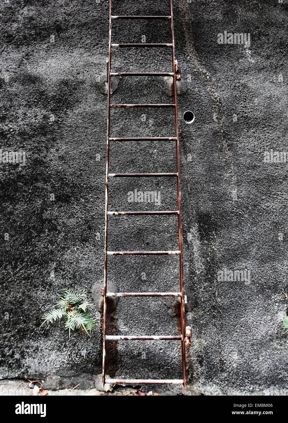 It's a photo of a rusted ladder in steel against a cement wall. It's symmetrical. there is nobody. Stock Photo