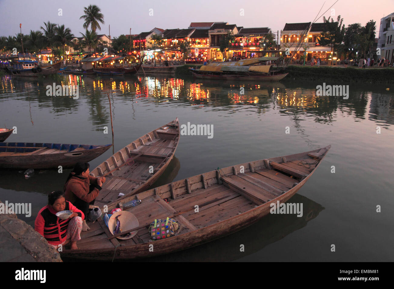 Vietnam, Hoi An, Thu Bon River, boats, people, Stock Photo