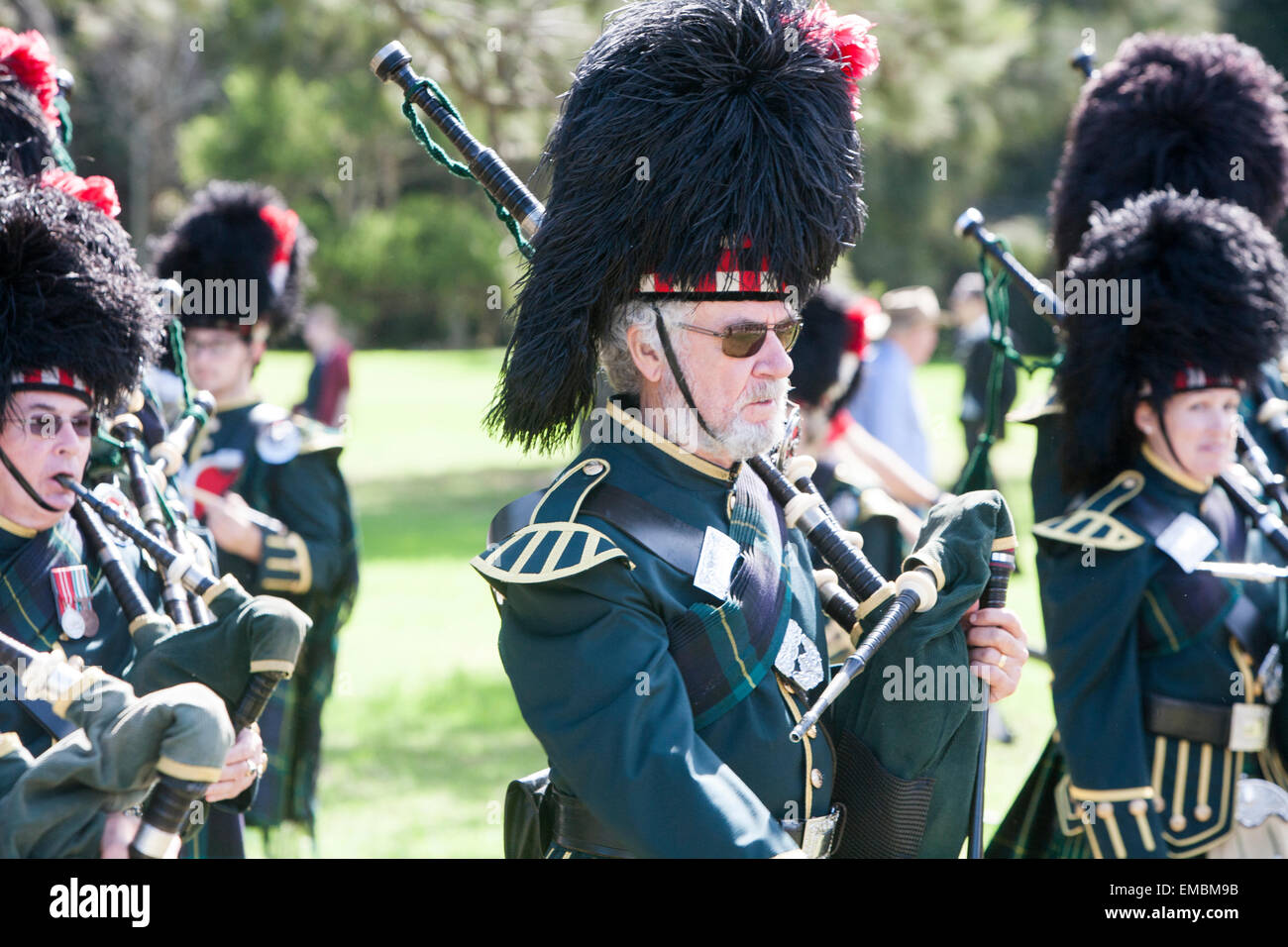 scottish bagpipe bands perform at Australia's centenary ANZAC celebrations in warriewood,sydney,australia Stock Photo