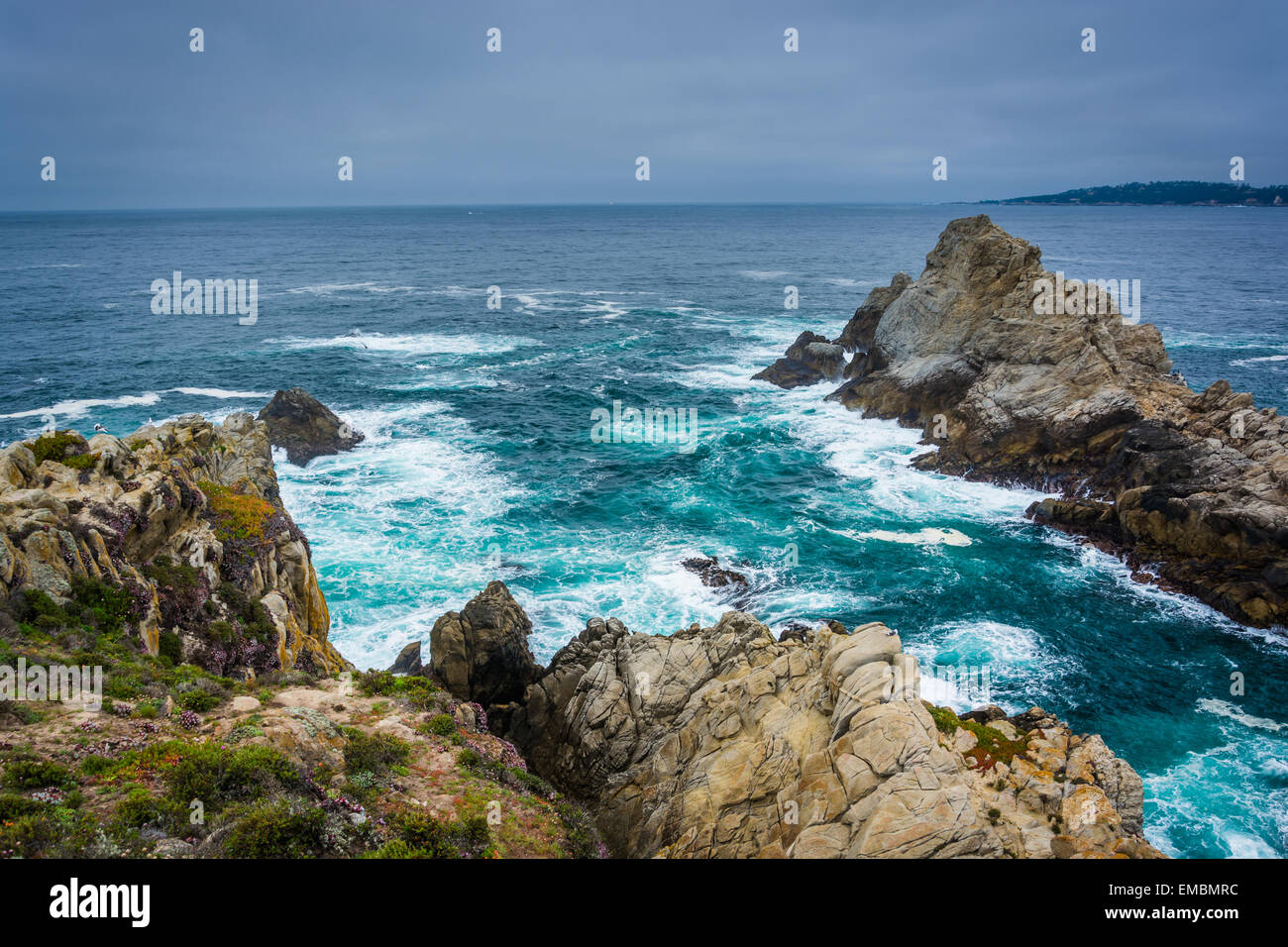 Large rocks and waves in the Pacific Ocean, seen from a beach at Point ...