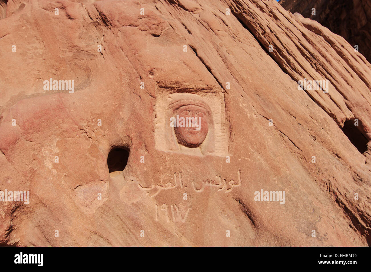 Carving of Lawrence of Arabia in the Wadi Rum desert, Jordan Stock Photo