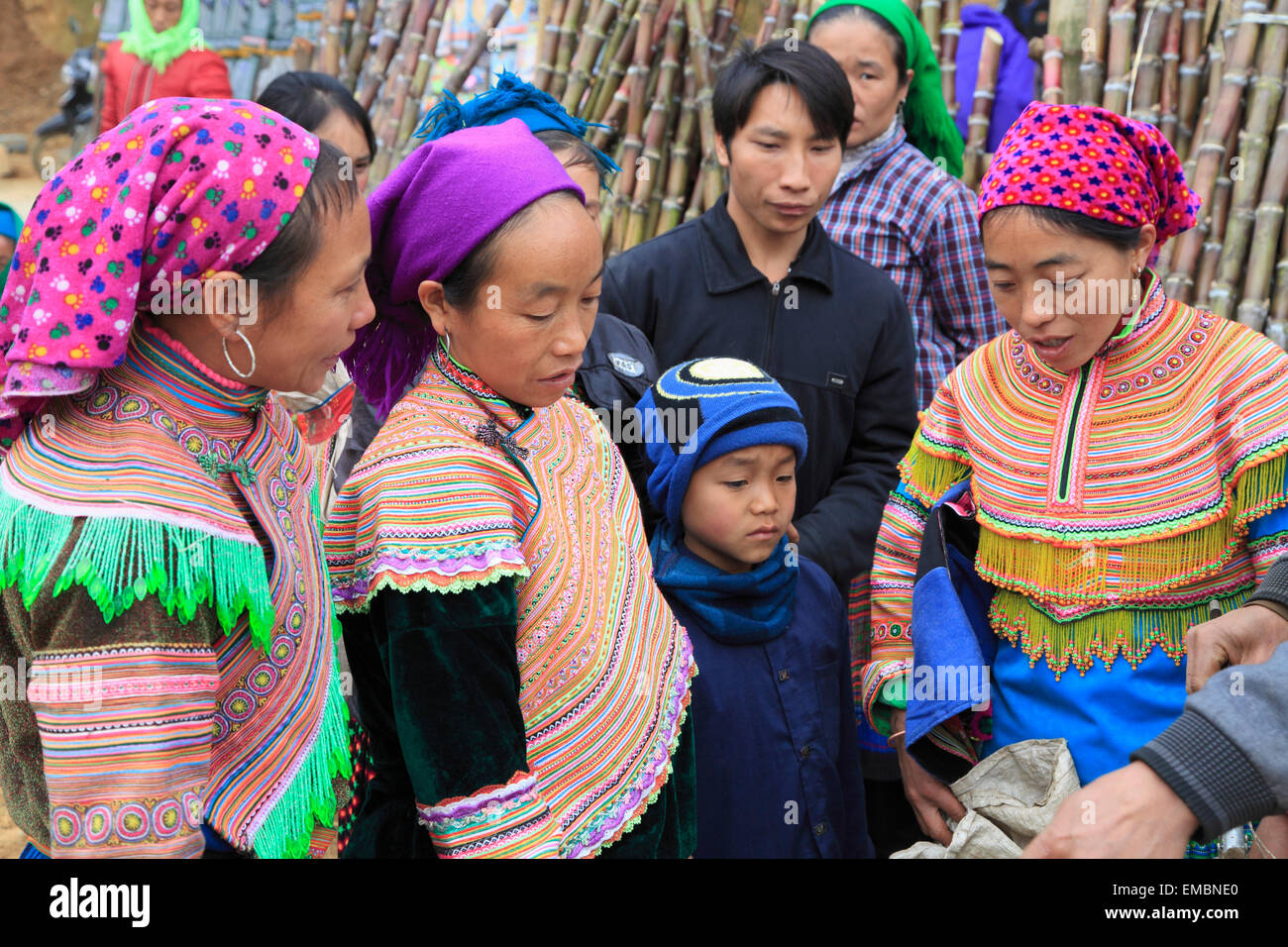 Vietnam, Lao Cai Province, Can Cau, market, hill tribes people, flower hmong, Stock Photo