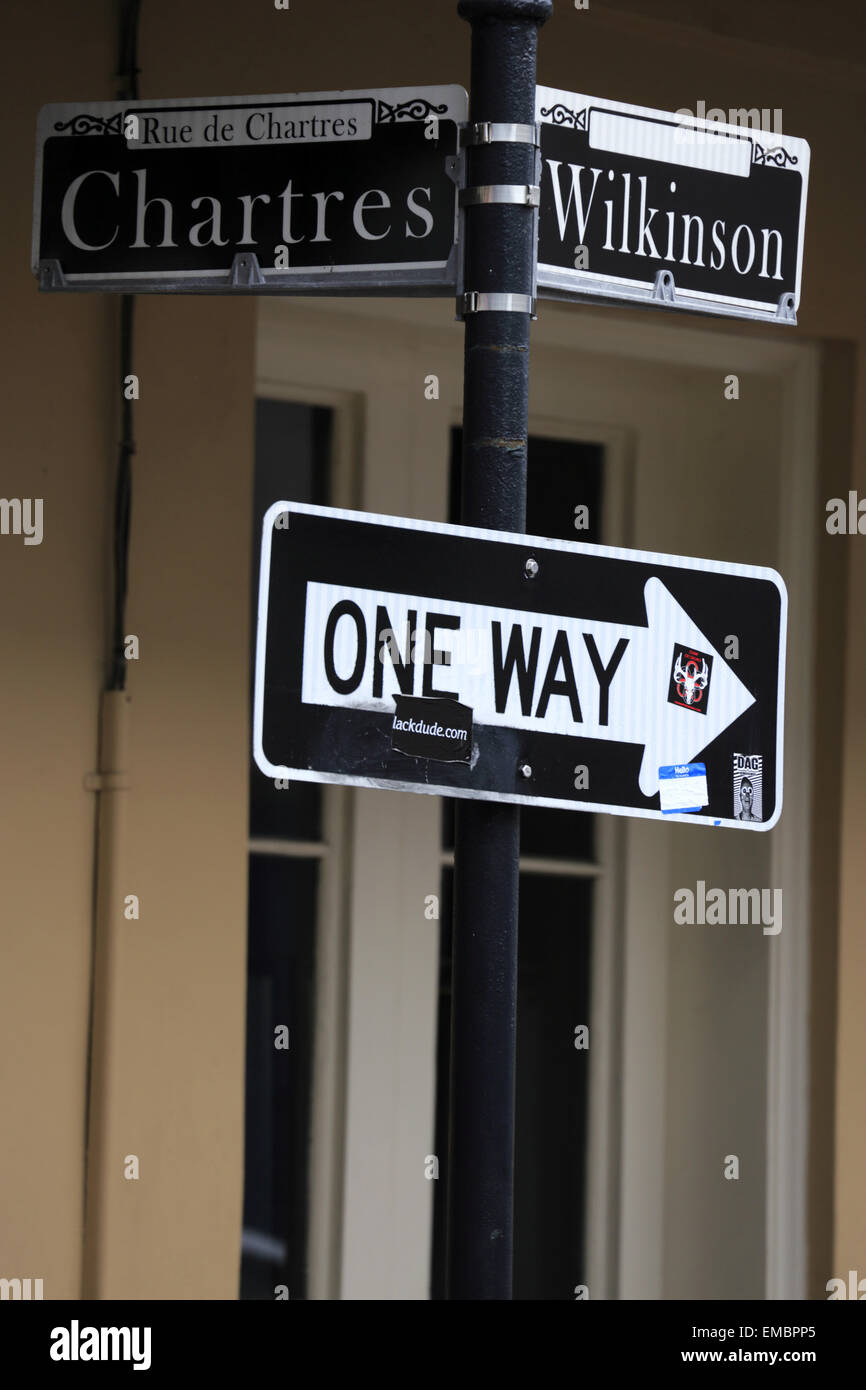 One Way traffic sign with Chartres street and Wilkinson street signs in ...