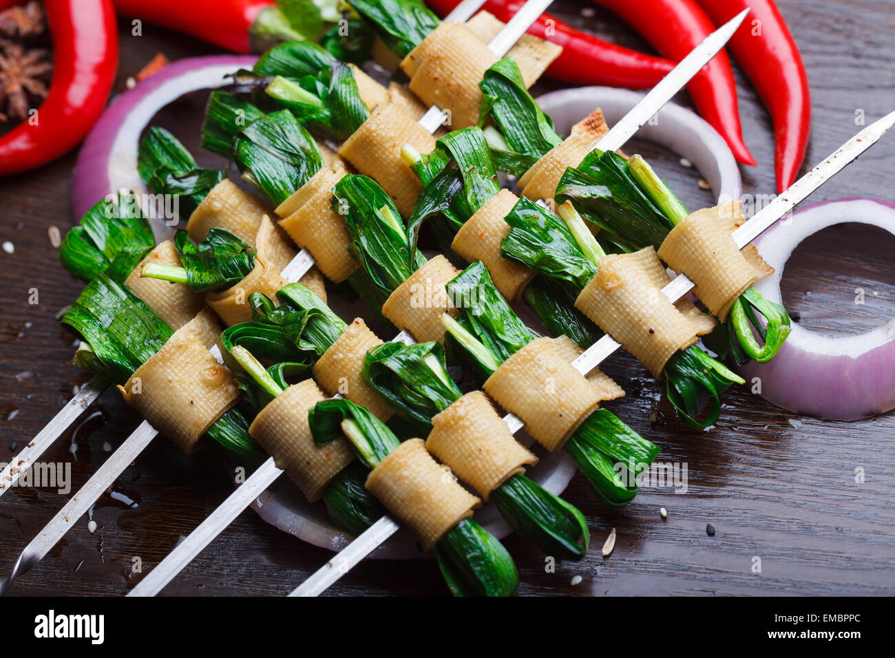 China barbecue, grilled leeks, Roasted Vegetable and tofu skin Stock Photo Alamy