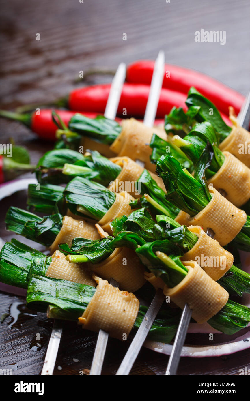 China barbecue, grilled leeks, Roasted Vegetable and tofu skin Stock Photo Alamy