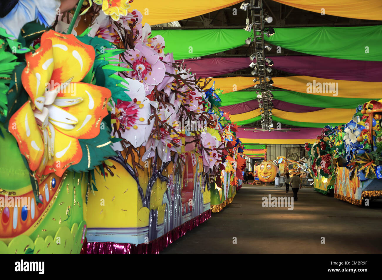 Various Mardi Gras parade floats displaying in the float den in Mardi Gras World, New Orleans, Louisiana, USA Stock Photo