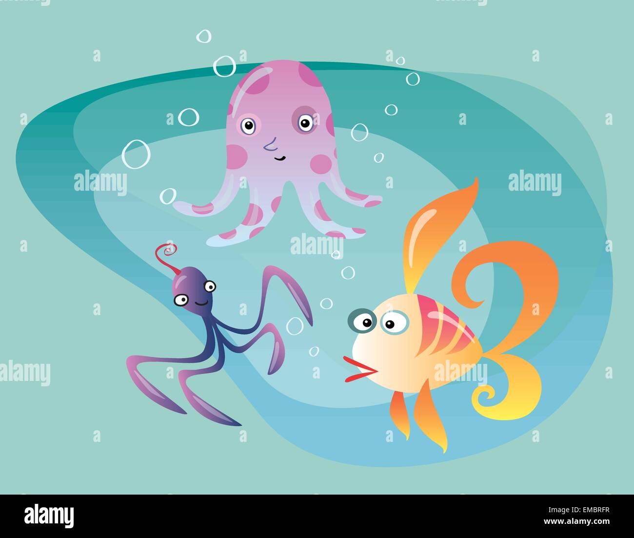 Underwater ocean life cuttlefish, octopus and fish. Bubbles and water Stock Vector